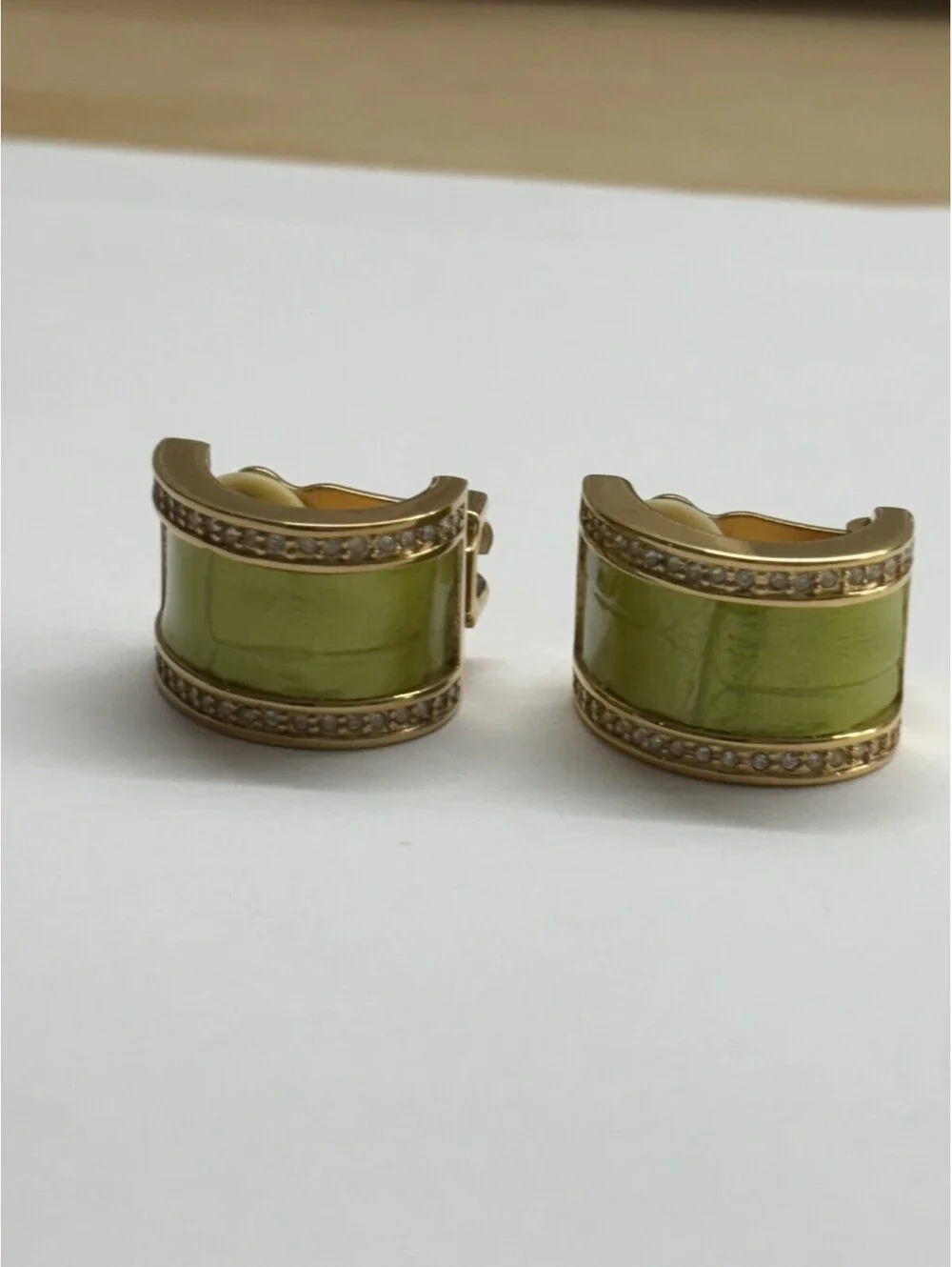 Vtg Joan Rivers green Enamel Crystal clip on Half Hoop Earrings - Picture 2 of 4